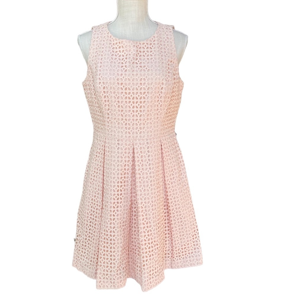Aliza J Light Pink Pleated Lace Midi Dress Size: 12P
